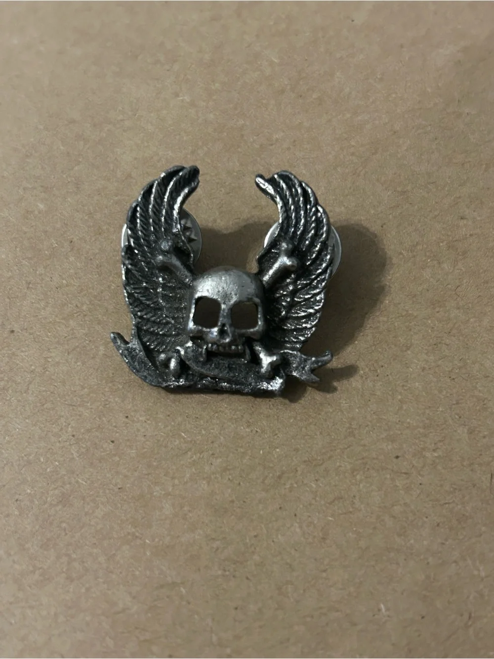 Winged Skull Metal Pin — Silver Tone